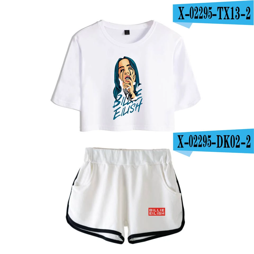 As Picture Popular new to Billie Eilish black short belly button T-shirt+ white shorts fashion women casual cotton girl two-piece - Цвет: As Picture
