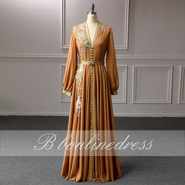 Bbonlinedress Moroccan Caftan Evening Dresses Embroidery Appliques Long Casual Women Dress Arabic Muslim Plus Size Party Robe Khaki