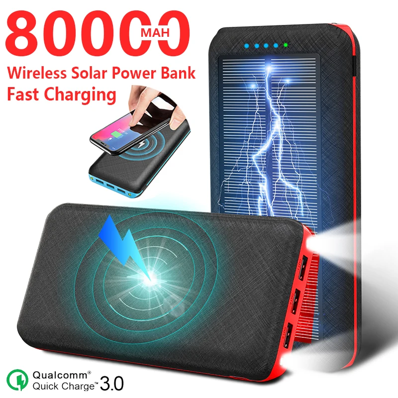 Banco de energía Solar inalámbrico Qi de 80000mAh para móvil, cargador portátil de teléfono, USB 3, para viajes al aire libre, para Xiaomi, Samsung, Iphone
