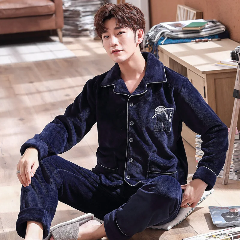 

Zm142 2019 New Style Winter Pajamas Men Flannel Cardigan Thick Warm Tracksuit Coral Velvet Set