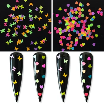 

1 Bag 3mm Fluorescence Butterfly Shape Heart Shape Nail Art Glitter Flakes 3D Neon Sequins Manicure Nail Art Decorations SF3127