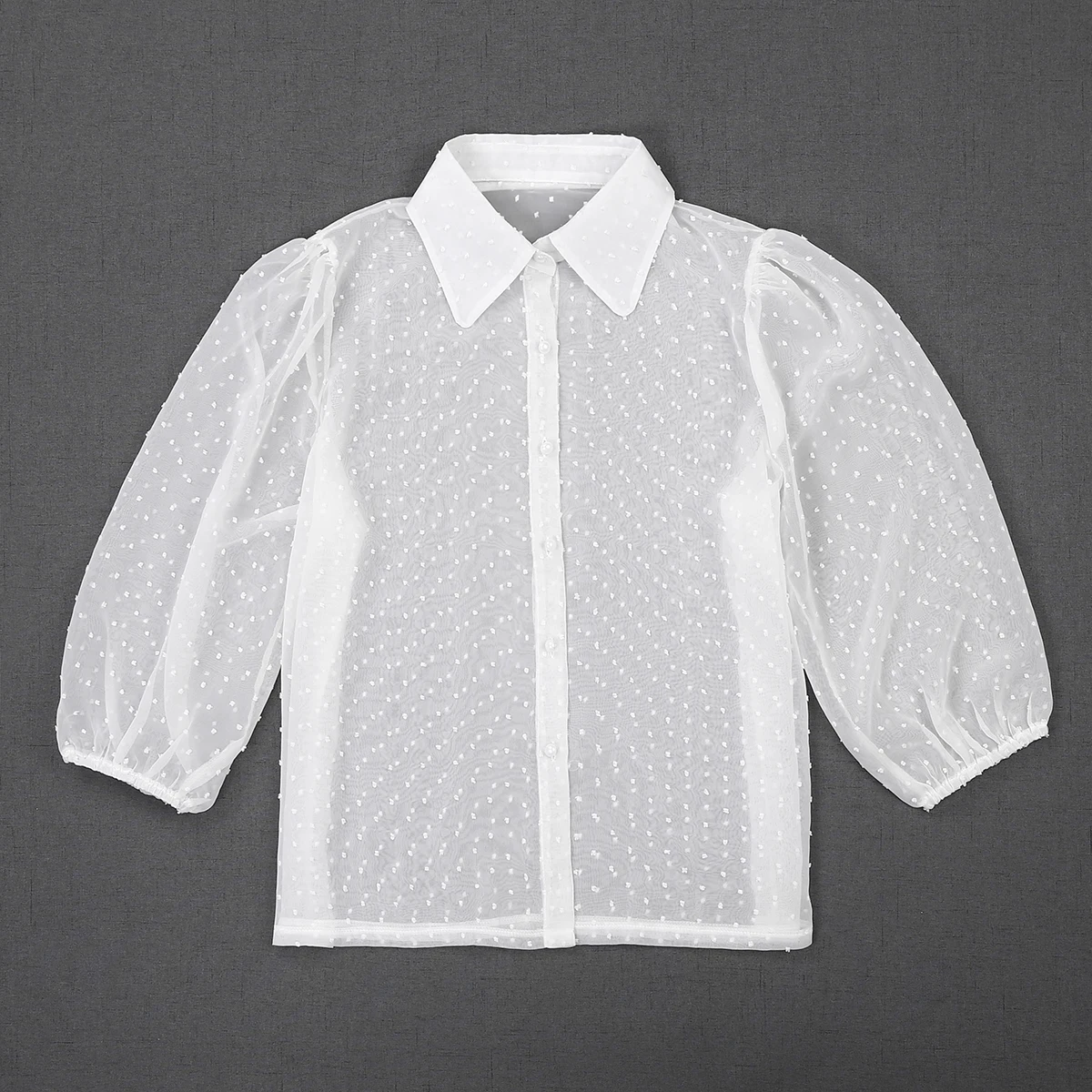 Women Mesh Sheer Blouse See-through Long Sleeve Top Shirt Blouse Fashion Pearl Button Transparent White Shirt Female Blusas Women Mesh Sheer Blouse See-through Long Sleeve Top Shirt Blouse Fashion Pearl Button Transparent White Shirt Female Blusas