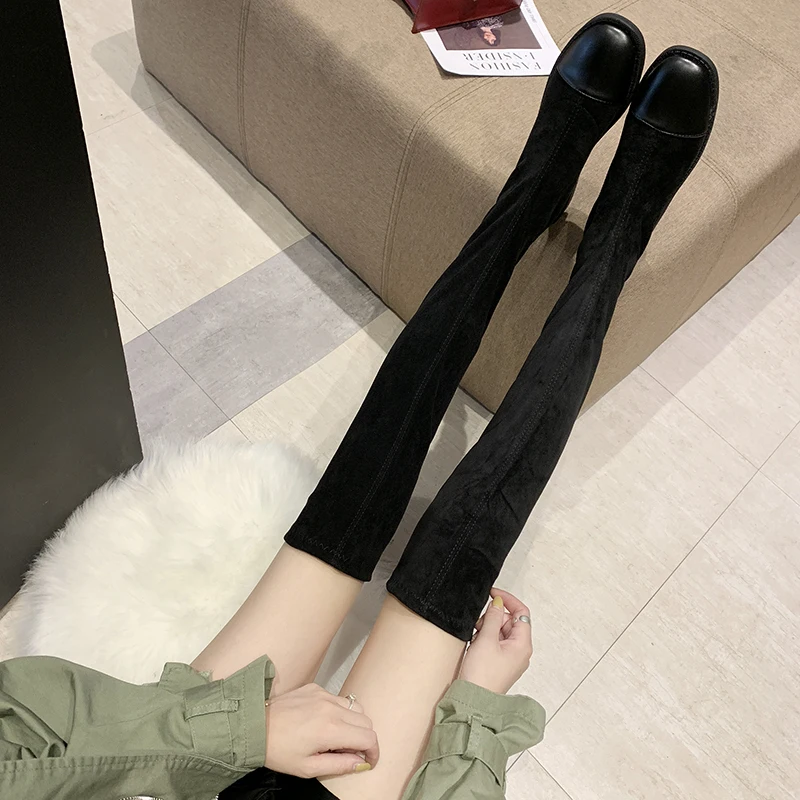 Nice Pop Soft Women Knee High Boots Autumn Round Toes Classic Black Shoes Woman Flat Heels Sexy Ladies Pretty Dress Boot