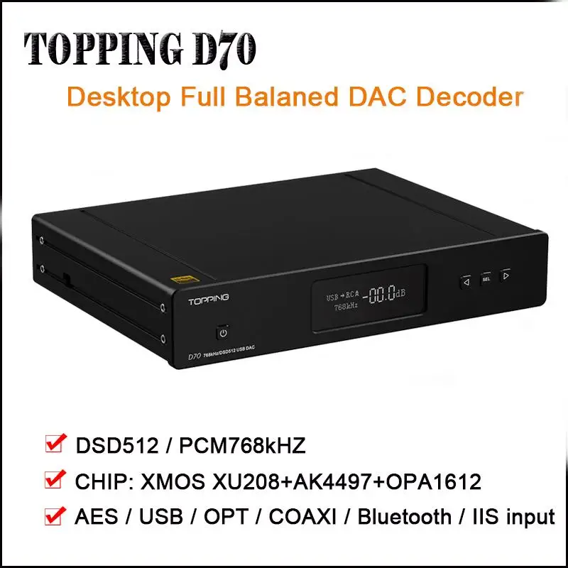 TOPPING D70 полный сбалансированный ЦАП усилитель Bluetooth XMOS XU208 AK4497 USB DAC аудио декодер усилителя DSD512 оптический Caoxial входной усилитель