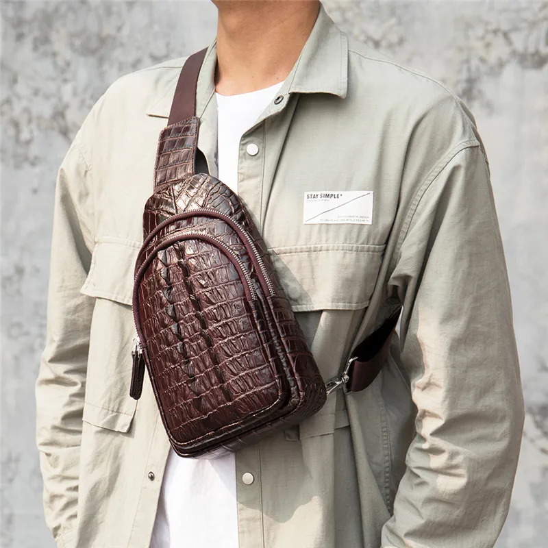 

Man Chest Bag Travel Bag Head Layer Cowhide Man Backpack Crocodile Pattern Chest Bag Men's Leather Casual Shoulder Messenger Bag
