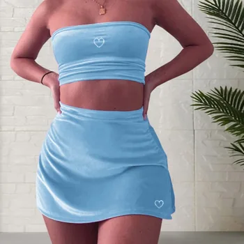 

Women's Clothing Solid Short Sleeveless Sexy Tube Top High Waist Mini Skirt Summer two-piece Fashion all-match Set