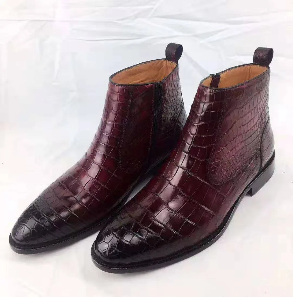 Очень большие размеры; натуральная крокодиловая кожа; burgandy; черные мужские ботинки; 2 цвета; зимняя обувь с подкладкой из натуральной воловьей кожи