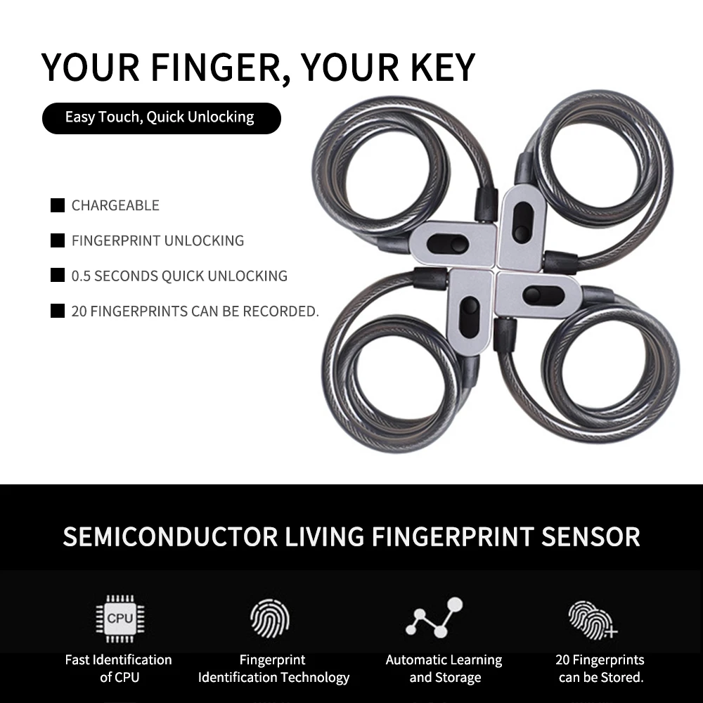 

Hot Intelligent Fingerprint Steel Ring Lock Bicycle Anti-theft Lock Highway Vehicle Steel Cable Lock Black GQ10F