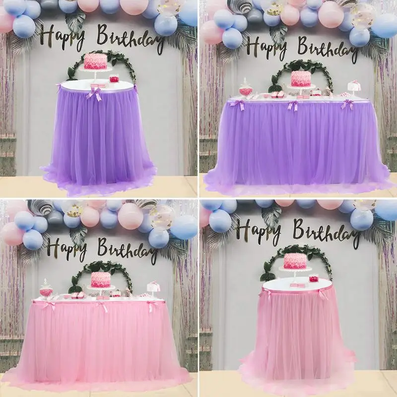 

Wedding Halloween Birthday Party Tulle Table Skirt for Rectangle Round Desk Tutu Tablecloth with Satin Bowknot Decoration
