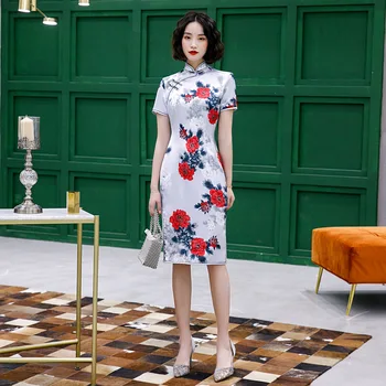 

Plus Size 3XL 4XL Ladies Traditional Chinese Style Qipao Handmade Button Cheongsam Flower Print Novelty Dresses