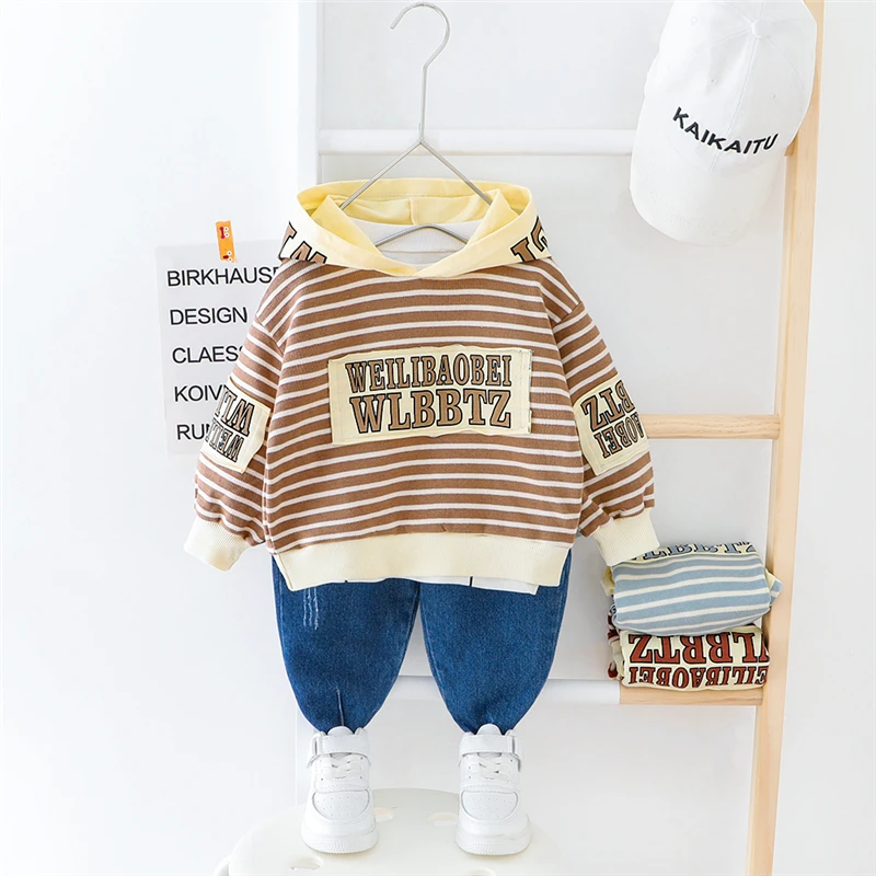 HYLKIDHUOSE/комплекты одежды для мальчиков; коллекция года; Весенняя полосатая футболка с капюшоном для малышей; джинсы; повседневная одежда для малышей; одежда для детей