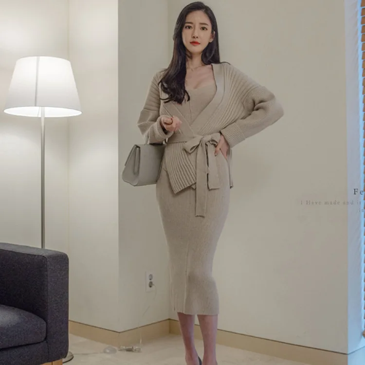 

Set 2019 Winter New Style Korean-style Loose-Fit Cardigan Coat + Waist Hugging Sheath Strapped Dress Two-Piece Set