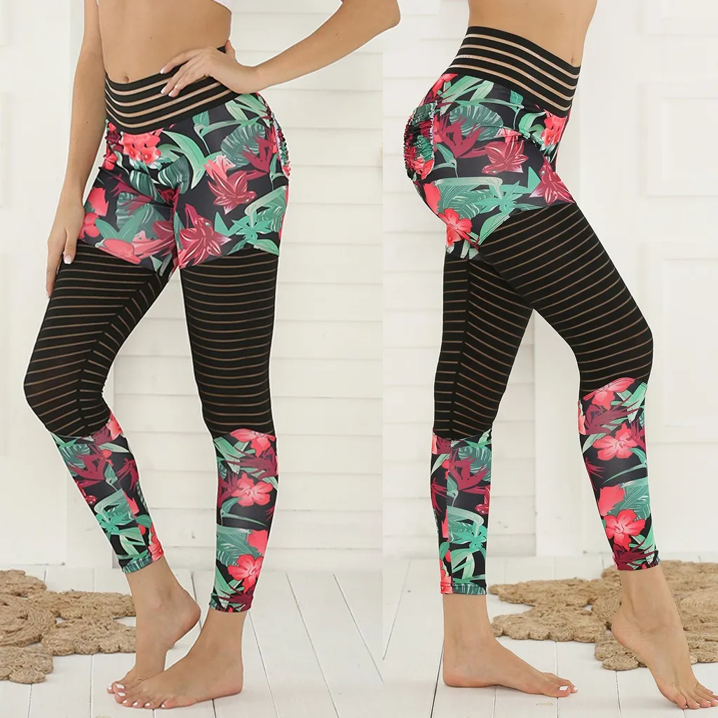 Women's Print Leggings Stitching Stripes Sports Yo ga Pencil Pants joggers Fitness High Waist Leggings Women Trousers Sweatpant