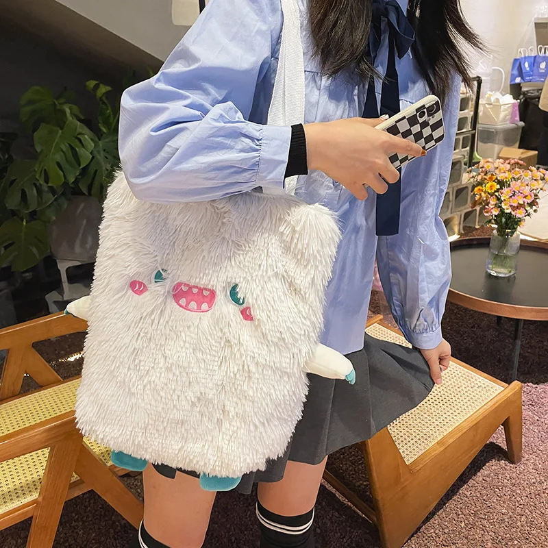 Winter Soft Plush Shoulder Bag Women Cute Little Monster Embroidery Handbags Faux Fur Women Bags Student Book Bag Shopper Bag handbags