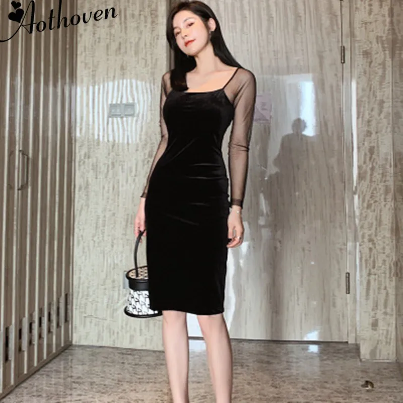 

2020 Spring Bodycon Mesh Patchwork Pencil Dress Women Black Long Sleeve Square Collar Velvet Dress Office Elegant Party Dress