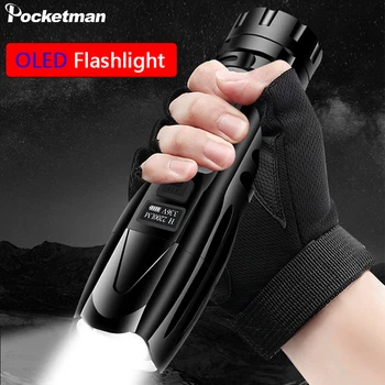 

Smart OLED flashlight powerful tactical XHP90 LED hand lamp zoomtable waterproof torch USB rechargeable light use 26650 battery