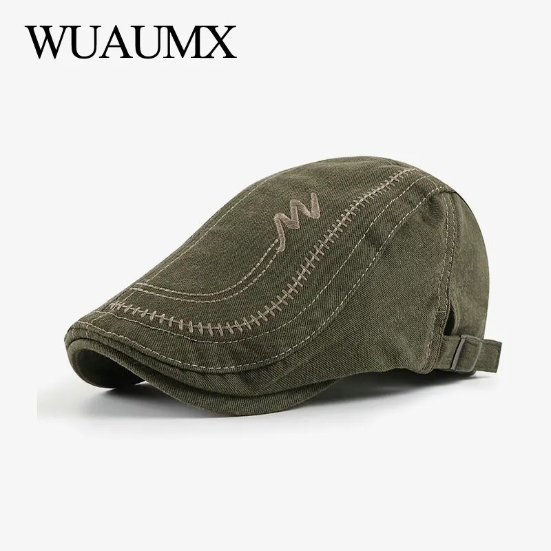 Casual Berets Hat Men Women Washed Cotton Embroidery Visors Solid Peaked Caps Herringbone Flat Caps casquette beret casual hat,beret hat,woolen beret