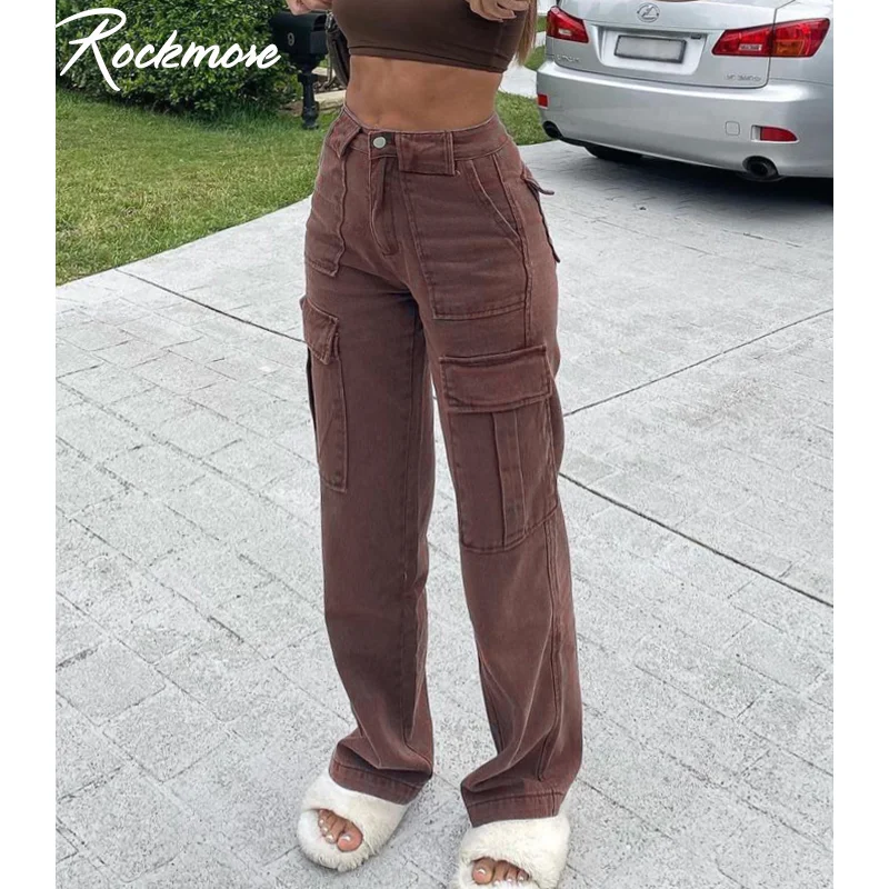 Womens Cargo Pants Casual Summer Fashion Solid Color Pockets High Waisted  Loose Wide Leg Comfy Cargo Jeans Pants for Women