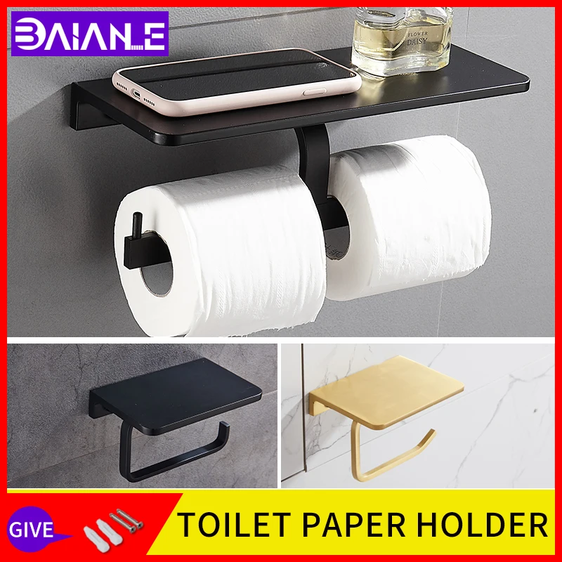 

toilet paper holders black thickening wall mounted roll paper bathroom shelfs Lengthen double tissue holder Mobile phone rack