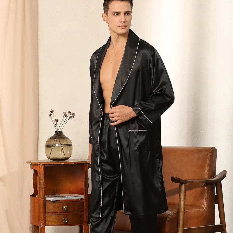 Men Pajamas Satin Kimono Robe Gown Pants Thin Nightgown Two-pieces Bathrobe&Trousers Suit Summer Long Sleeve Nightwear