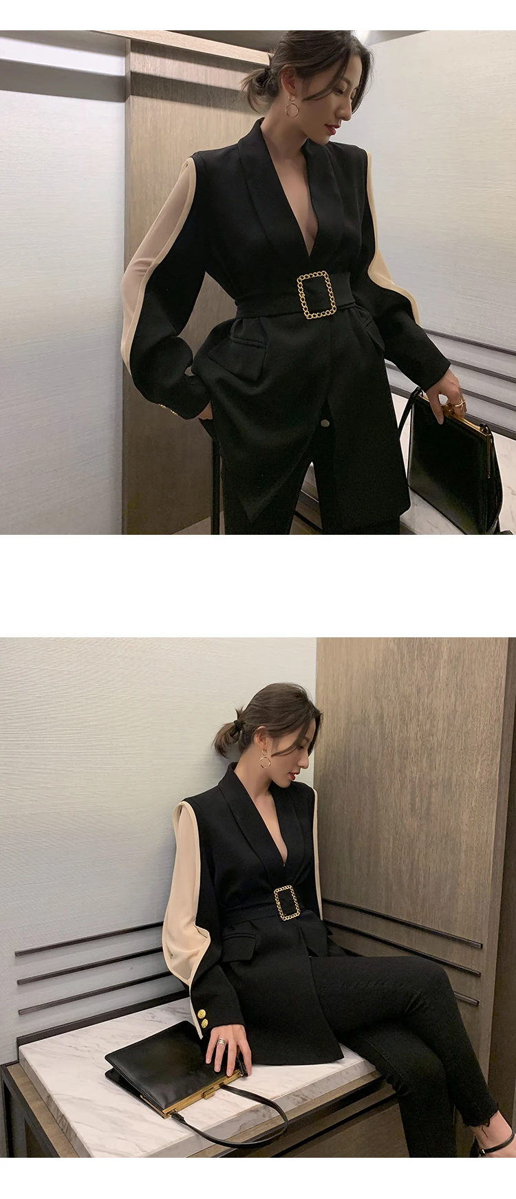 Sleeve Patchwork OL Blazer With Belt Single Button Professional Women Blazers and Jackets Temperament Warm Jackets for Women