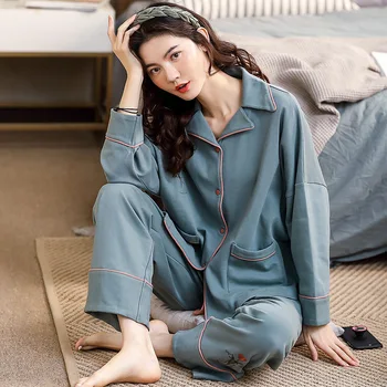 

New Women's Cotton Pajamas Spring Autumn Long Sleeve Shirts Long Pants Turn-Down Collar Pockets Pajamas Cotton Homewear Set