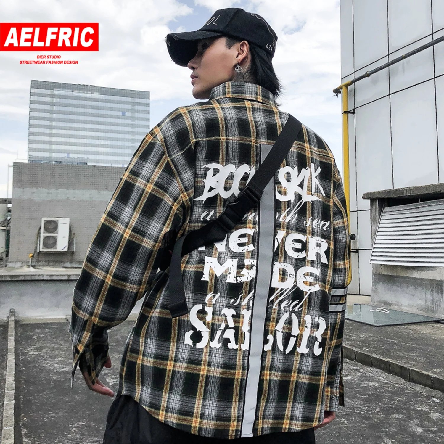 AELFRIC светоотражающие полосы с буквенным принтом Мужские рубашки Мода Harajuku уличная хип хоп Повседневная хлопковая негабаритная с длинным рукавом