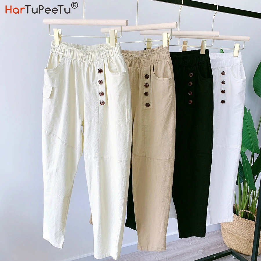 

Oversize Casual Harem Pants Women Summer 2020 Plus Size Cotton Linen Loose Trouser Japan Style with Pockets Buttons Decorate