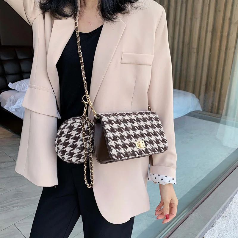 

2019 Winter (with Purse) Square Sling Bag Woolen Chain Shoulder Lock Thousands of Birds Pattern Oblique WOMEN'S Bag
