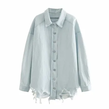 

Women Boyfriend Denim Jacket Coats New Female Oversized Long Coat Hole Ripped 2020 Autumn Winter Turn-down Collar Casual