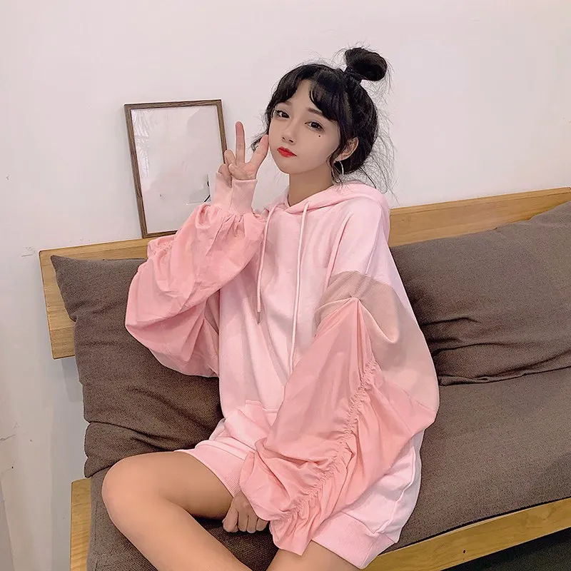 WHITNEY WANG мода уличная Корея Стиль Ruched фонарь рукав оверсайз толстовка с капюшоном для женщин толстовки пуловер для девочек
