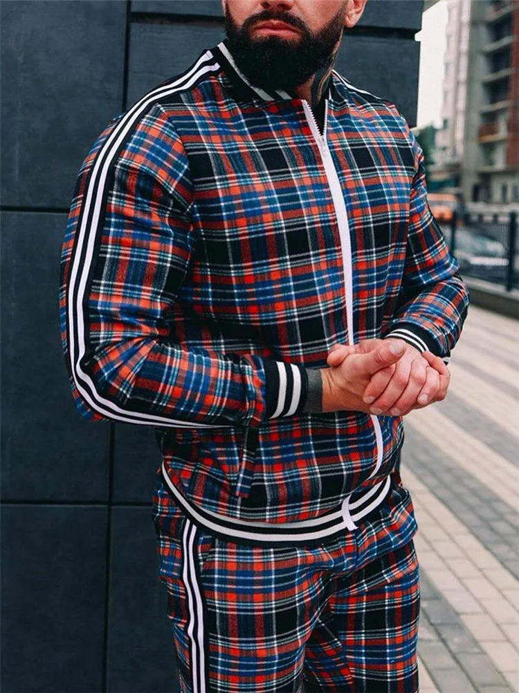 Plaid Jacket Dagegui Mens Sweatsuits Piece Long Sleeve Jogging