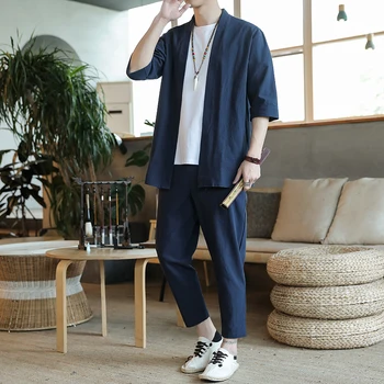 

2020 Summer Loose Tracksuit Men Mens Kimono Ankle Pants Suit Sets Male Chinese Style 2 Piece Sets Clothes Tracksuit For Man 5XL