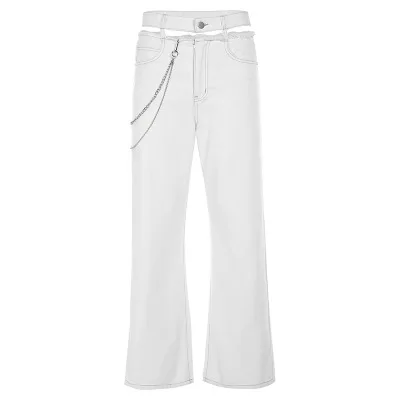 Брюки белые повседневные Комбинезоны для высокой талии повседневные свободные широкие брюки женские цепи модные элегантные Tide Street отправить цепь - Цвет: Белый