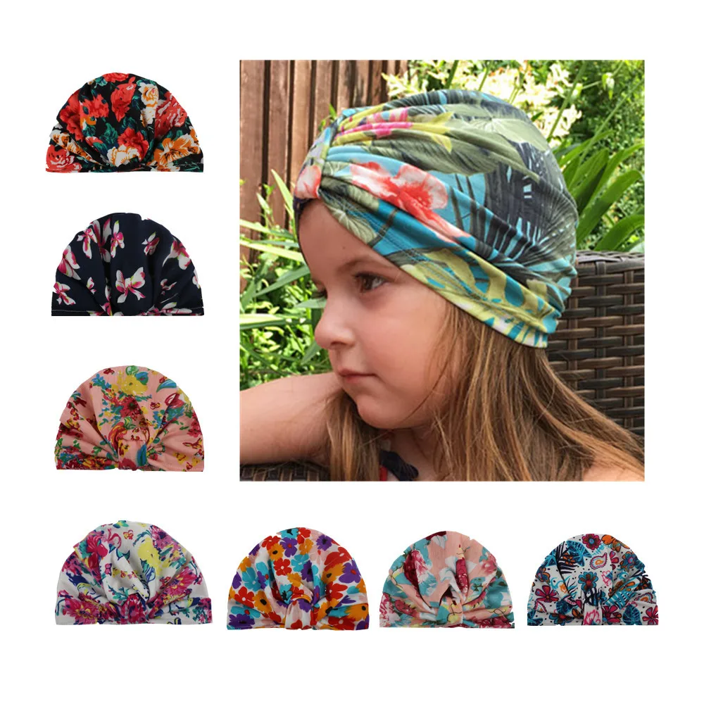 

7 Colors Baby Girls Hats Floral Print Ear Caps Ears Cover Hat Europe Style Turban Knot Head Wraps Infant Kids India Hats
