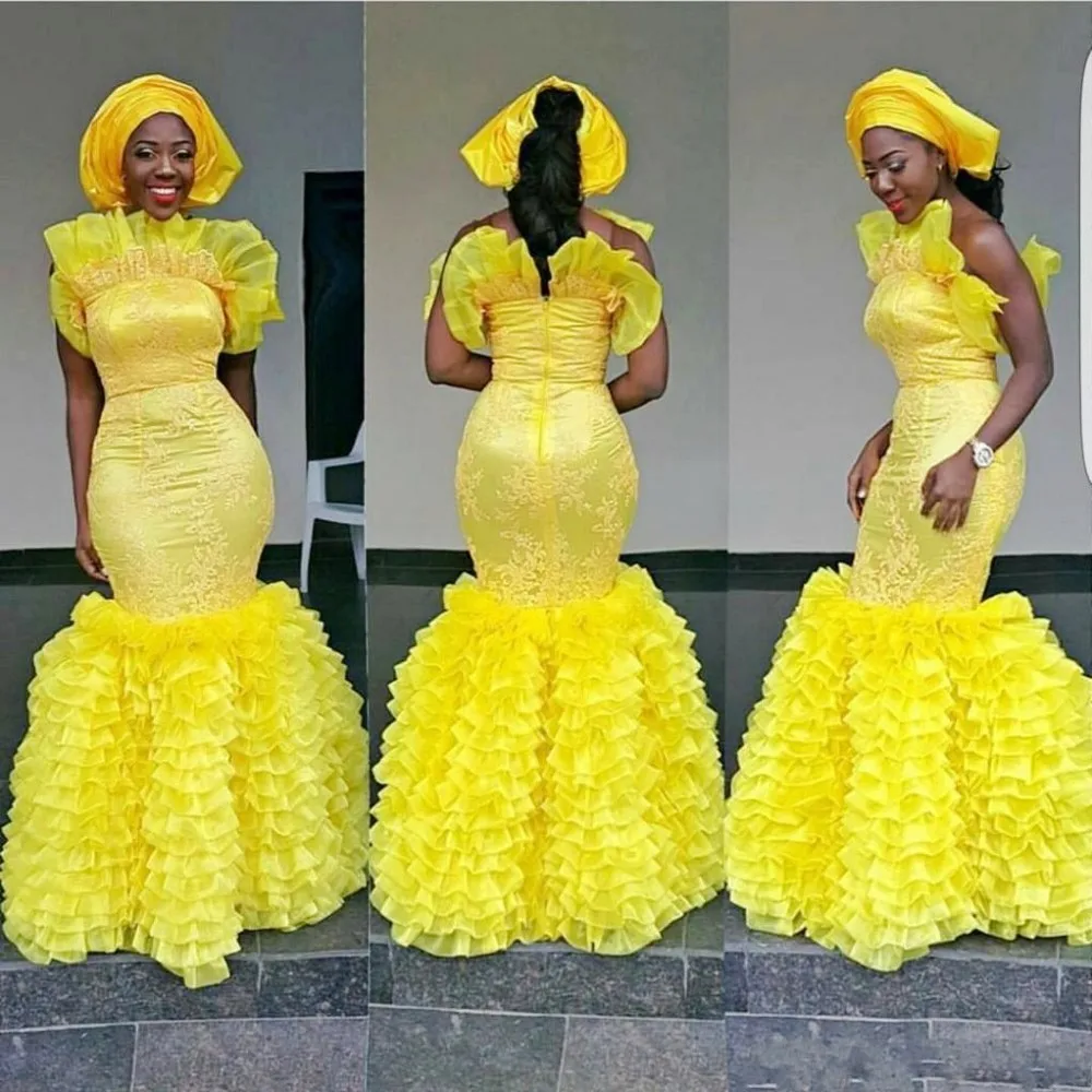 Aso Ebi Желтый Русалка Вечерние платья с открытыми плечами размера плюс платье для выпускного вечера многоярусные юбки аппликация Дубай официальная Вечеринка Verstidos - Цвет: Цвет: желтый