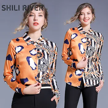 

2020 spring autumn runway fashion designer tops for women long sleeve blouse slim casual print stripe elegant lapel shirt brown