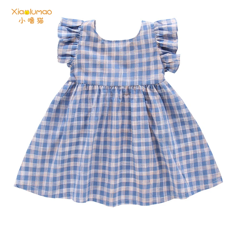 

Girl dress baby summer dresses cotton blue Lattice plaid cotton suit for 3-8t girls princess birthday dress