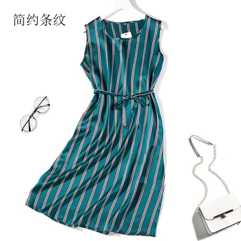 

Women's 100% Pure Silk Long Dress belt round neck sleeveless navy cherry L XL in 7 colors JN074