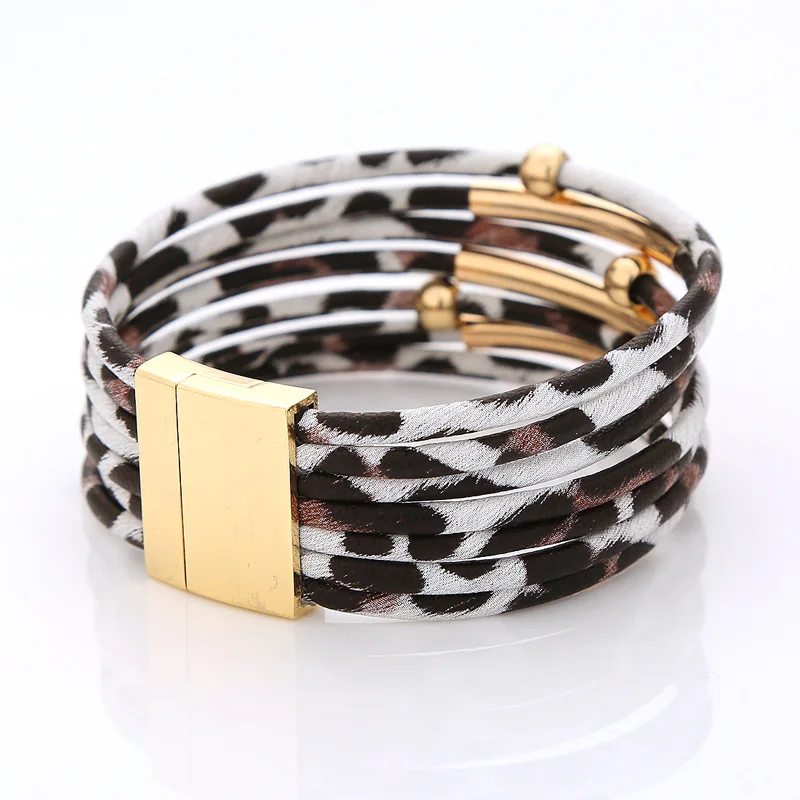 Браслеты для женщин модные Многослойные леопардовые Кожаные Веревки бусины на металлической трубке браслет на магнитной застежке браслеты