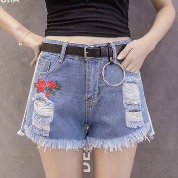 

Rose Flower Embroidery Hole Jeans Shorts Women Vintage White Denim Ripped Fringe Shorts Raw Edge Sexy Mini Shorts