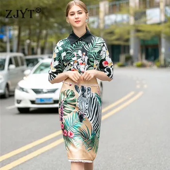 

2020 Spring Summer Runway Set Women Elegant Half Sleeve Floral Print Blouse and High Waist Skirt Suit 2Piece Clothing Set Outfit