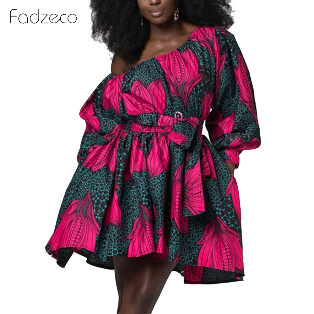 Fadzeco модные африканские платья для женщин тонкая талия сексуальная косой плечо мини платье пышные рукава Племенной Африканский принт одежда - Цвет: Color1