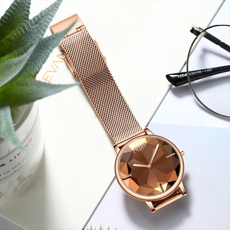 CIVO Новые креативные часы для женщин Роскошные водонепроницаемые Rosegold кварцевые женские часы сетчатый ремешок наручные часы для девочек Reloj Mujer 8109C