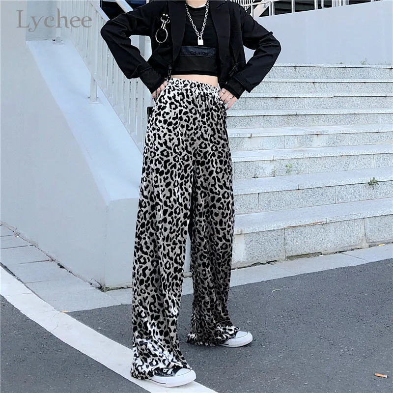 Lychee, Harajuku, леопардовые женские штаны, эластичные, высокая талия, свободные, женские брюки, низ, повседневные, весна, осень, женские штаны, брюки