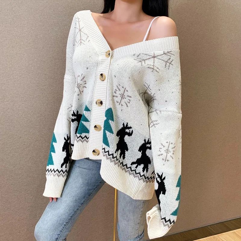 Autumn Winter Woman Sweaters Cardigan Cartoon Pattern V-neck Single Breasted Fashion Leisure Christmas Long Sleeve Top 2020