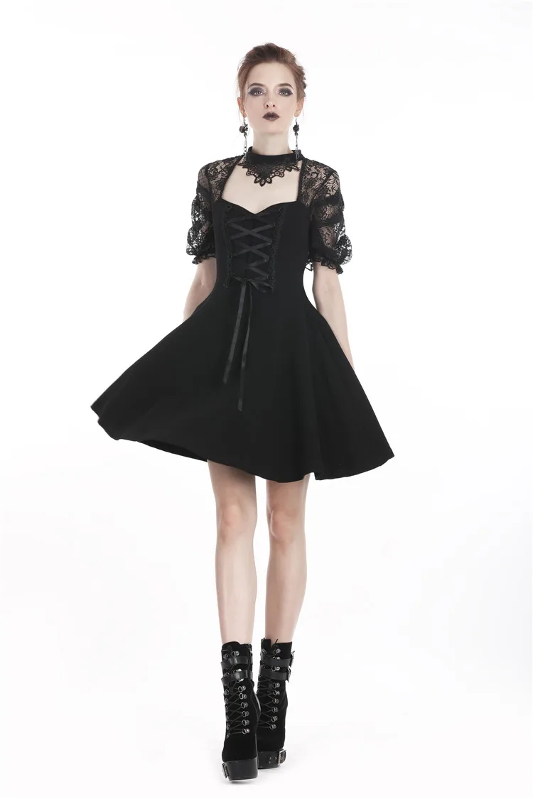Darkinlove Women's Gothic Lolita Floral Lace Halterneck Velvet Black Little Dress A-Line Puff Sleeve Sexy Mini | Женская одежда