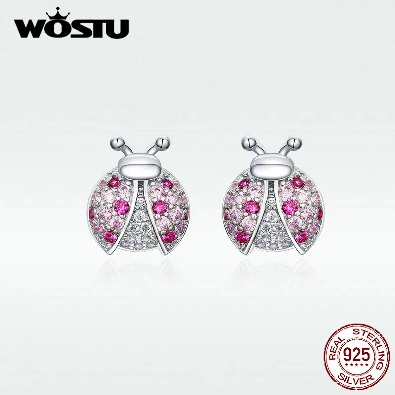 WOSTU 100% Серебро 925 пробы Божья коровка розовый циркон серьги-клипс серебро