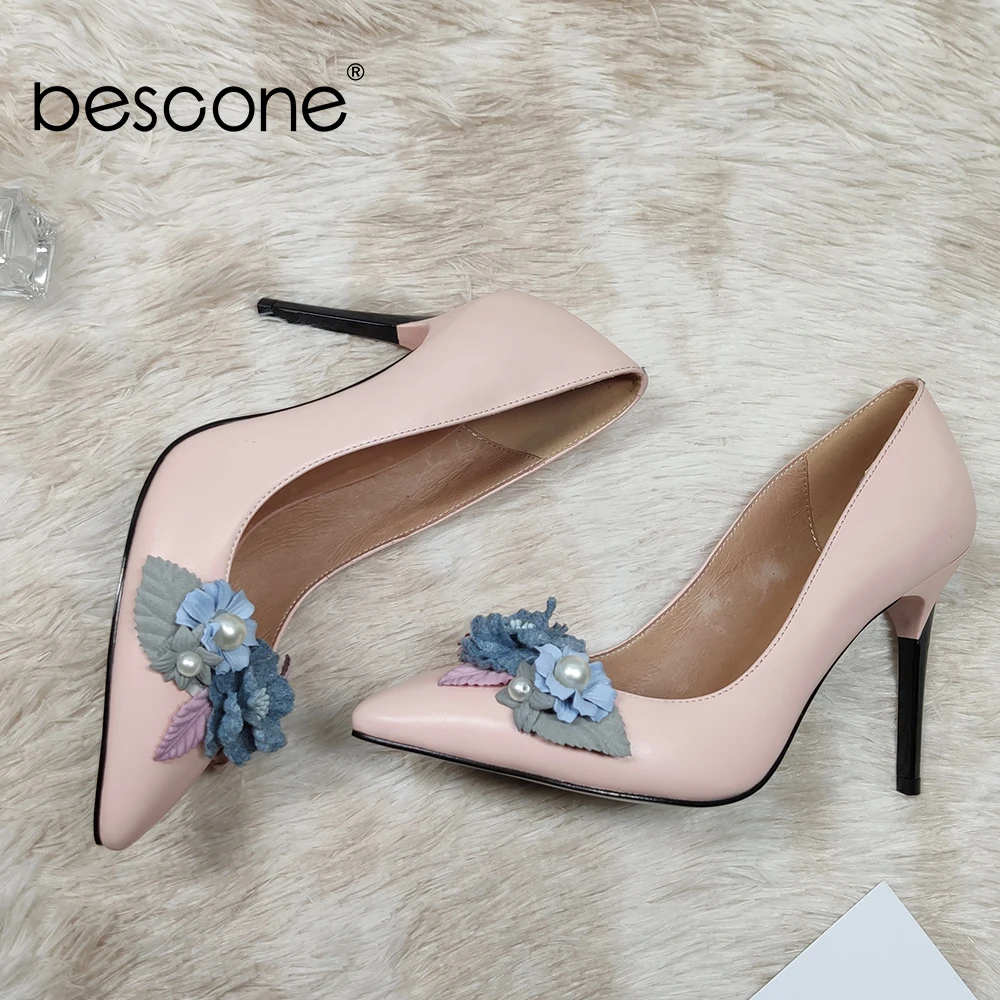 

BESCONE Fashion Flower Pumps High Quality Sheepskin Cute Design Pointed Toe Party Thin Heel Elegant Shoes Women's Pumps BC676