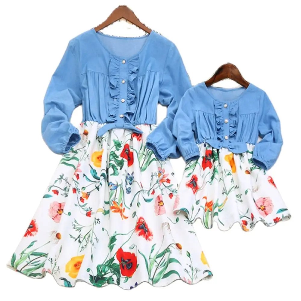 PopReal Fashion Mom And Daughter Dress Sweet Denim Floral Stitching Long Sleeve Girl Matching Family Outfit |